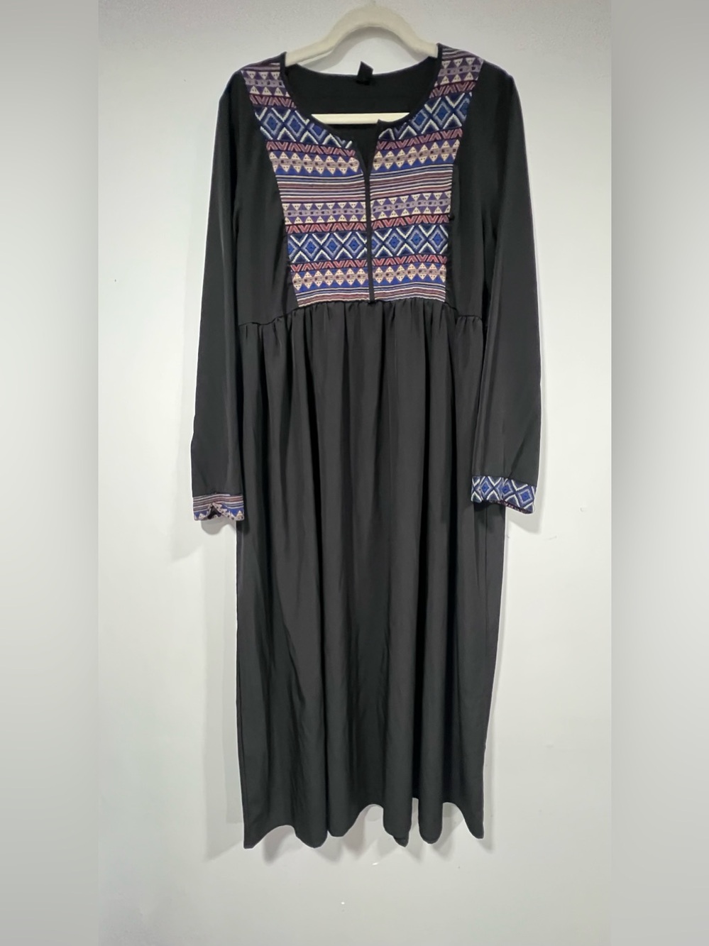 Black Long-Sleeve Maxi Dress with Geometric Embroidery